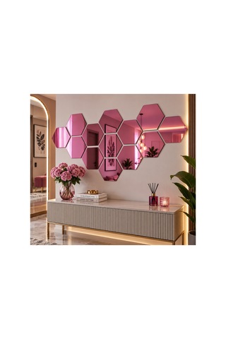 Kendinden Yapışkanlı Altıgen Dekoratif Duvar Aynası 1 Mm Kalınlık Petek Model Modern Salon, Antre Ve Yatak Odası Aynası Pembe
