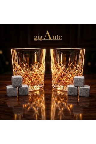 Gigante Deluxe Bohemia Kristal Viski Bardağı Seti, 320 Ml, 2 Bardak Ve 6 Mermer Viski Taşı, Kristal Kesim Desen, Hediye Kutusu Şeffaf