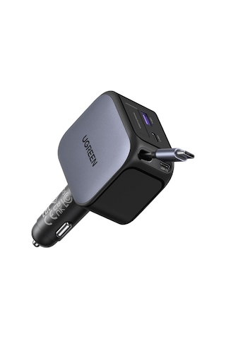 Ugreen 145w Usb-c Makaralı Dahili Kablolu Hızlı Araç Çakmaklık Şarj Cihazı, 2x Usb-c, 1x Usb-a Port, 55910b