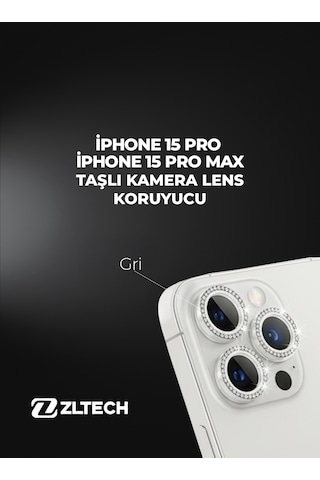 İphone 15pro/15promax Uyumlu Taşlı Kamera Lens Koruyucu Gri