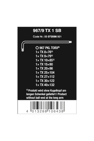 Wera 967 Pkl/9 Sb Torx L Anahtar Seti, Blacklaser, 9 Parça, Wera