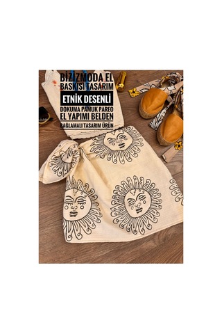 Bizizmoda Etnik Desen Baskı Dokuma Doğal Kumaş El Baskısı Pareo Krem