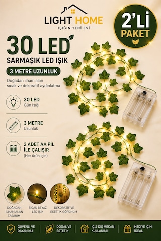 2 Adet Yapay Sarmaşık Led Işık Dekoratif Işıklı Sarmaşık Led Oda Duvar Yatak Odası Parti Yılbaşı Dekoru Her Biri 3 Metre 30 Led Sarı