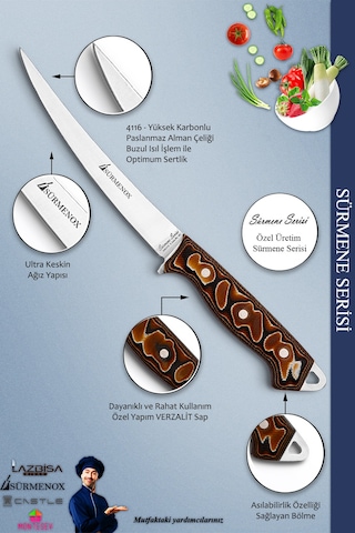 Sürmene Serisi Mutfak Fileto Bıçağı Steak Bıçak Et Balık Tavuk Fileto Bıçağı Kahverengi Mft-208 Kahverengi