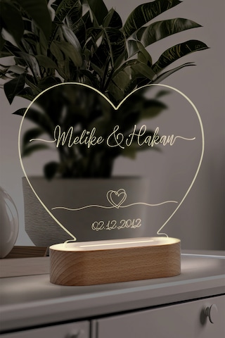 Çiftler İçin Çift Kalp Sembollü Led Gece Lambası Masif Ahşap Tabanlı Usb Kablolu Pleksi Led Gece Lambası