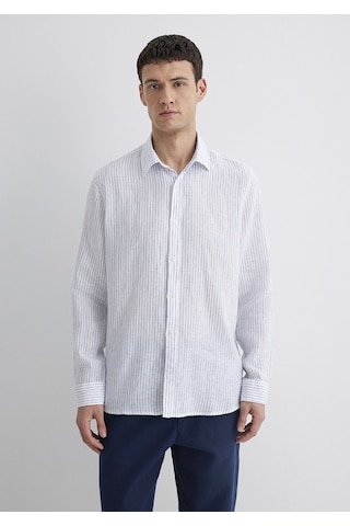Mavi - Çizgili Keten Gömlek 0211634-90795 Renkli