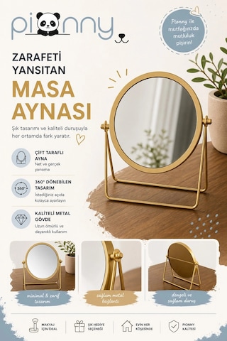 Pionny Masa Üstü Gold Yuvarlak Dönen Metal Makyaj Aynası 15 CM