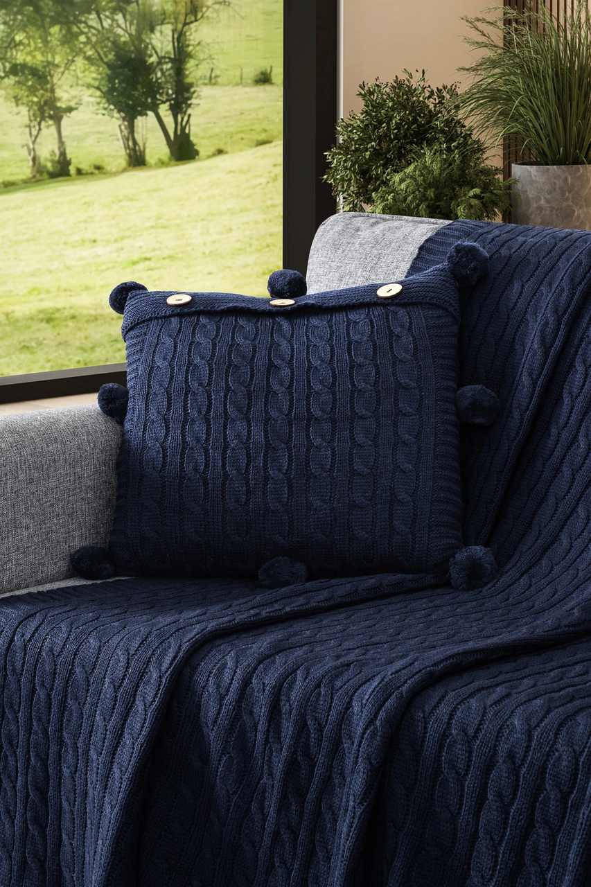 2'li Takım Triko Örme Kırlent Kılıfı & Tv Battaniyesi- Omuz & Koltuk Şalı Seti Lacıvert Lacivert