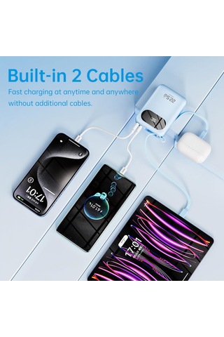 Y11 Mini Pd 22.5w 20000 Mah Dijital Ekran Göstergeli Dahili Kablolu Power Bank, Beyaz