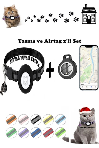 Teknetstore Takip Cihazı Ve Airtag Yuvalı Kedi Tasması 2'li Set Ios Android Uyumlu Boyun Tasması Gps