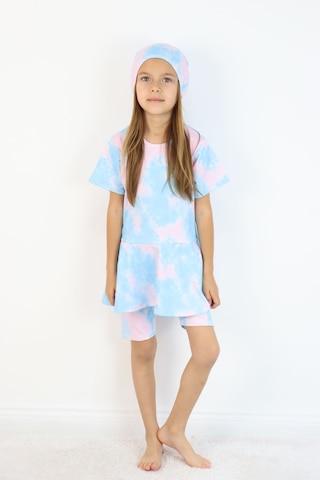 Lyraxkids Kız Çocuk Bisiklet Yaka Etekli Mayo Ve Tayt Bone Dahildir. Pembe - Mavi