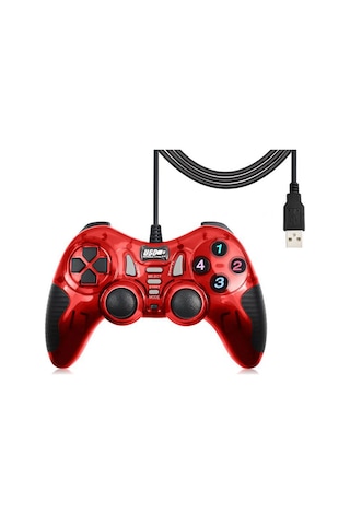 Double Shock 12 Fonksiyon Tuşu Usb Bilgisayar Kablolu Oyun Kolu Kırmızı