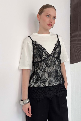 Verymoda Penye Tunik Üstü Dantel Kısa Elbise D3009 Krem