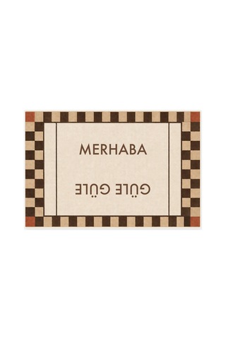Kartela Halı Merhaba Güle Güle Damalı Kapı Paspası Bej Kaymaz Kauçuk Taban Yıkanabilir 60x90 Cm