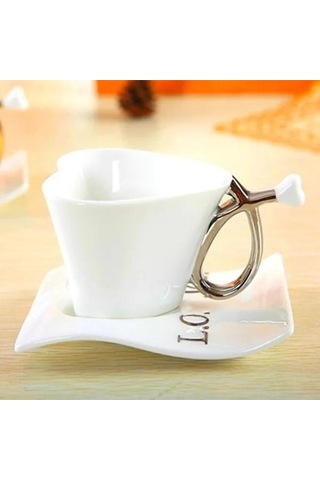 Createtech Mavi Kalp Şeklinde Bardak Set, Sevgililer Günü Hediyesi, Fincan Ve Süt Kaşığı İle Sıcak Kahve Mavi