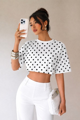 Hımmelduf Kadın Puantiye Desenli Crop Tişört Basic Oversize Yazlık Bluz Beyaz