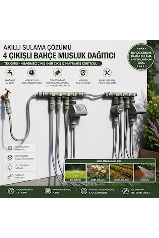 4 Çıkışlı Musluk Dağıtıcı Bağımsız Vanalı Hortum Çoklayıcı 304 Mm Çift O-ring Sızdırmaz Bahçe Sulama Aparatı
