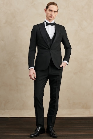 Ac&Co / Altınyıldız Classics Erkek Siyah Slim Fit Dar Kesim Kırlangıç Yaka Desenli Klasik Smokin Takım