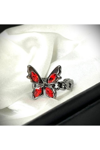 Dükkan Design Kırmızı Taşlı Kelebek Yüzük Antrasit