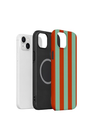 Apple iPhone Uyumlu 15 Vorian Çift Katmanlı Magsafe Kılıf Terracotta Mint Stripe
