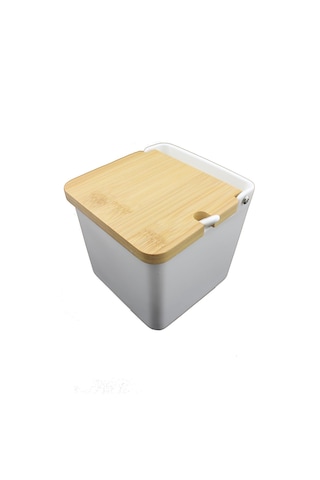 Premium Porselen Tezgah Üstü Tuzluk Kaşıklı 1000ml Baharatlık Bambu Kapak