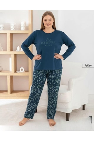 Pijamoni Kadın Milan Büyük Beden Bisiklet Yaka Uzun Kol İnce Pijama Takımı 7666/40 - 1 Adet Petrol