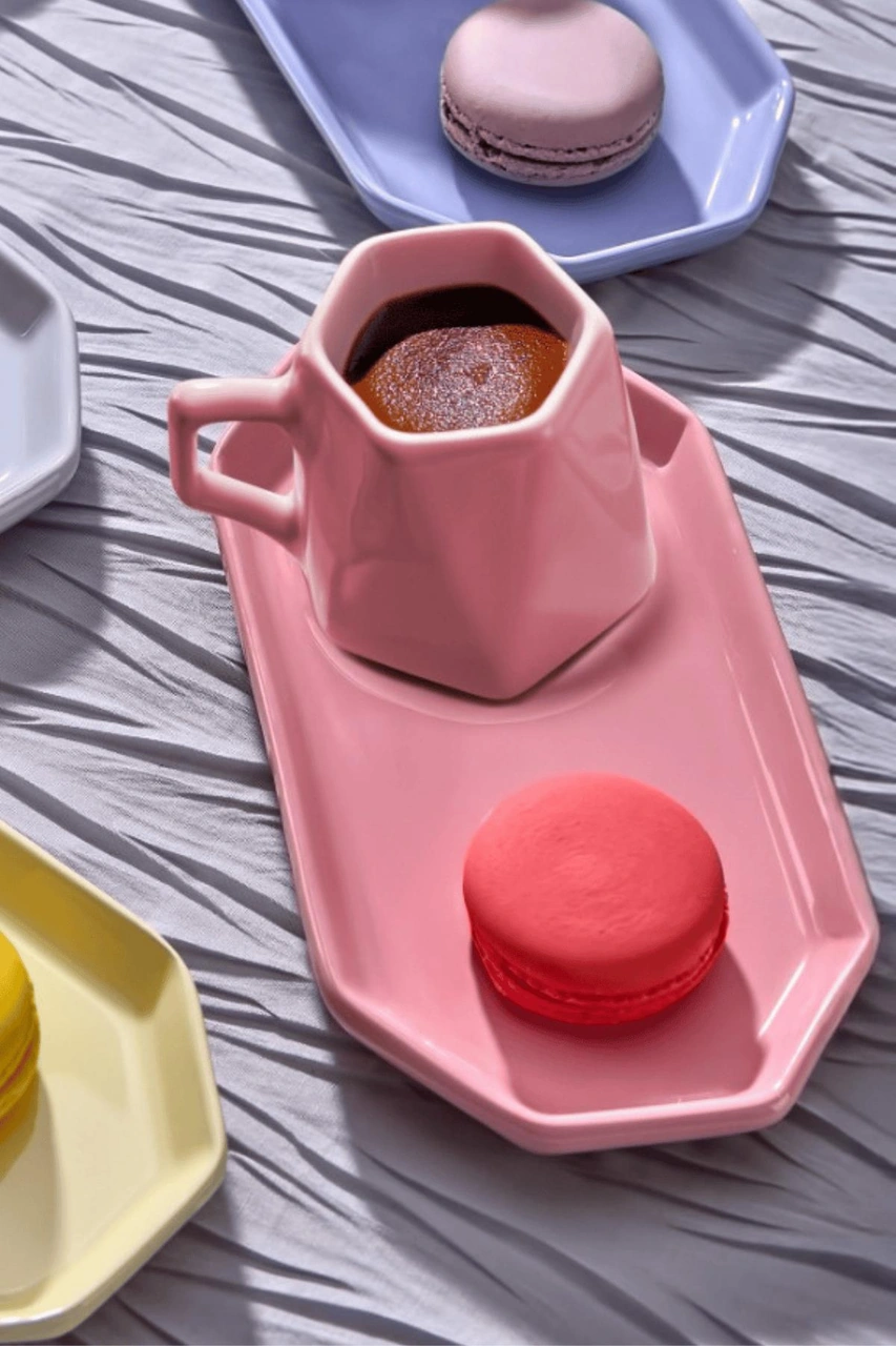 6 Kişilik 12 Parça Modern Renkli Kahve Fincan Seti - Prizma Kahve Takımı,geometrik Tasarım Beyaz - Gri - Krem - Pembe