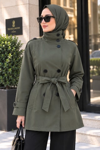 Sevitli Dik Yaka Kemerli Trençkot-haki-5955