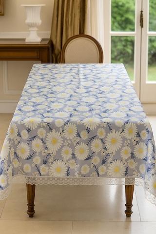 Açık Mavi Papatyalı Masa Örtüsü Su Geçirmez, Silinebilir Şık Dikdörtgen Model Mavi