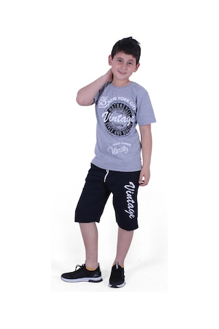Fyk Kids Custom Yazı Baskılı Erkek Çocuk Yazlık Takım Melanj Gri