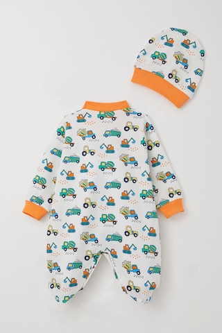 Breeze Erkek Bebek Patikli Tulum İş Makinaları Desenli 0-6 Ay, Beyaz Beyaz