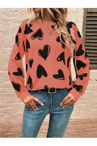 Leyla Sanat Sanata Yeni Bir Bakış Açısı Kadın Uzun Kollu Bisiklet Yaka Kalp Desenli Iki Iplik Bluz Turuncu
