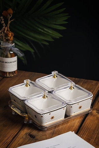 4'lü Emillia Porselen Lüks Kare Kahvaltılık Saklama Kabı Çerez Reçel Kahvaltılık 4'lü Sunum Tabağı Beyaz