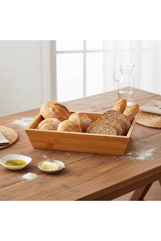 Lexroo Bambu Ekmek Sepeti Ve Sunumluk Doğal Ahşap Modern Meyve, Sebze Ve Servis Sepeti Çok Renkli