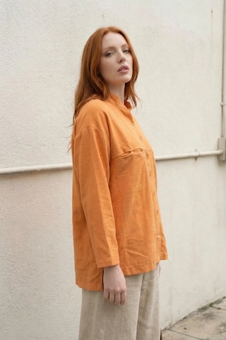 Hiccup My Fashıon Oversize Uzun Kollu Keten Karışımlı Gömlek Soluk Turuncu