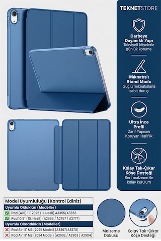 İpad 11. Nesil A16 Ve 10. Nesil 10.9" Uyumlu Kılıf A3355 A2696 Ultra İnce Standlı Kapak Lacivert Kapaklı Kılıf İpad 11. Nesil A16 Ve 10. Nesil 10.9" Uyumlu Kılıf A3355 A2696 Ultra İnce Standlı Kapak Lacivert Kapaklı Kılıf