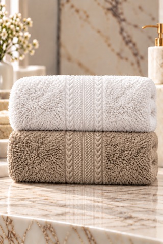 Puffy 2 Adet %100 Bambu Renkli Çavuş Desenli Ultura Yumuşak 50x85 Cm Havlu / Yüz Havlusu / Saç Havlusu / Çeyiz Seti Beyaz