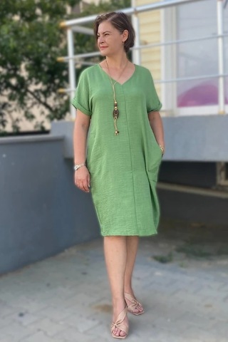 Mia Butik Büyük Beden Yeşil Kolye Hediyeli Salaş Elbise Yeşil