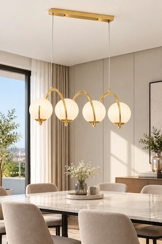 Modern Premium Gold 4'lü Sarkıt Avizesi Ampül Hediyeli Küreli Lüks Salon Mutfak Modelleri E14 Duy