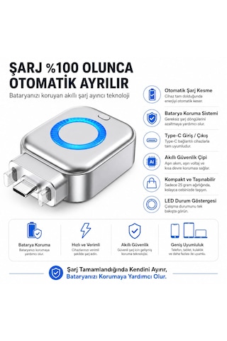 Type-c Akıllı Şarj Ayırıcı Otomatik Şarj Kesici Batarya Koruma Adaptörü Hızlı Şarj Destekli X01