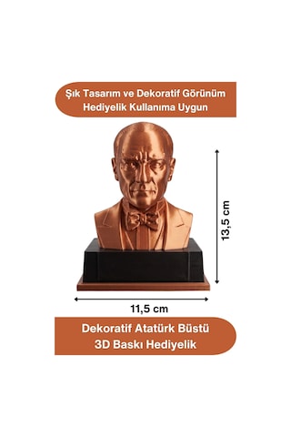 Atatürk Mustafa Kemal Atatürk Büstü 3d Baskı Dekorasyon Biblo Bakır Renk Premium Tasarım Şık Obje E