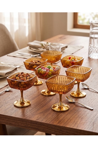 Hürrem Gold Ayaklı Kehribar Cam Lokumluk & Sunumluk Sarı