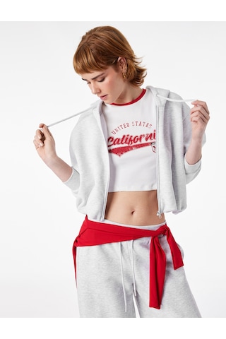 Koton Şardonlu Uzun Kollu Kapüşonlu Arkası Baskılı Fermuarlı Sweatshirt Kar Melanj 6sal10635ık Gri Melanj