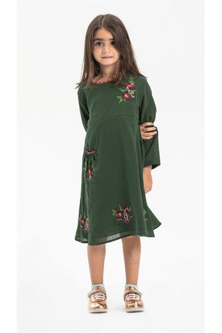 Uzun Kol Şile Bezi Burçak Çocuk Elbise Yeşil