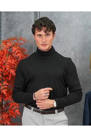 Modefendi Slim Fit İtalyan Kesim Tam Balıkçı Boğazlı Kazak Siyah