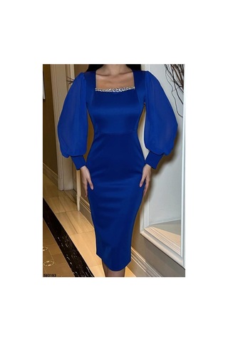 Lior Design Kadın Sade Saten Kumaş Kare Yaka Balık Kesim Abiye Elbise Saks