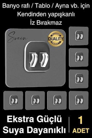 1 Ad. Ekstra Güçlü Kendinden Yapışkanlı İz Bırakmaz Suya Dayanıklı Banyo Rafı Tablo Ayna Askı Kanca Çok Renkli