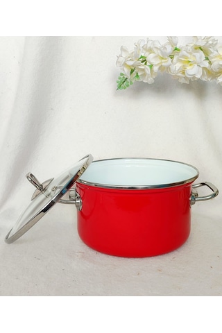 Kırmızı Emaye Tencere 3 Litre 22 Cm Çap Krom Detaylı Süt Yoğurt Çorba Tenceresi Kırmızı