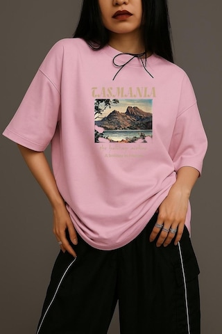 Tasmania Baskılı Unisex Oversize Tişört Pembe