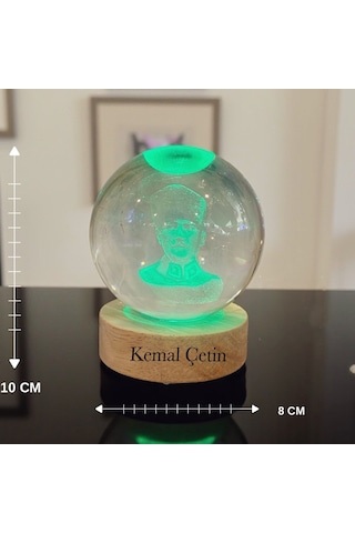 Kişiye Özel Büyük Boy Işıklı Ahşap Kaideli Atatürk Temalı Cam Küre 8cm